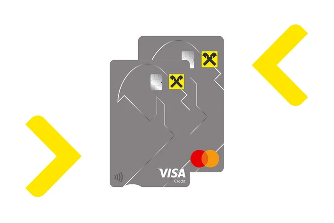The illustration shows two gray credit cards featuring an EMV chip, a contactless symbol, and the Visa and Mastercard logos. They represent modern, secure, and flexible payment options for everyday life.