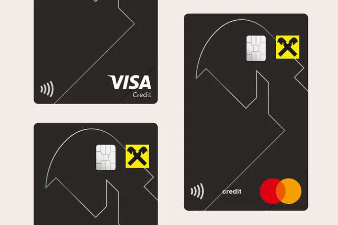 The illustration shows two black credit cards featuring an EMV chip, a contactless symbol, and the Visa and Mastercard logos. Modern design for secure, flexible, and convenient payment options.