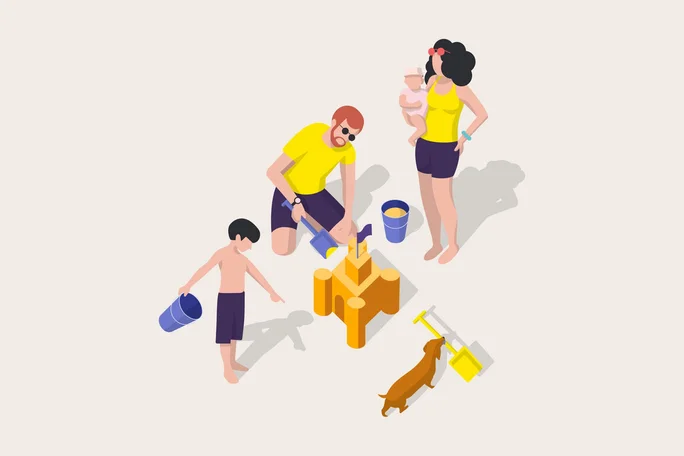 The illustration shows a family—father, mother, two children, and their dog—having fun building sandcastles. The summery scene symbolizes family time, leisure, and a beach vacation.