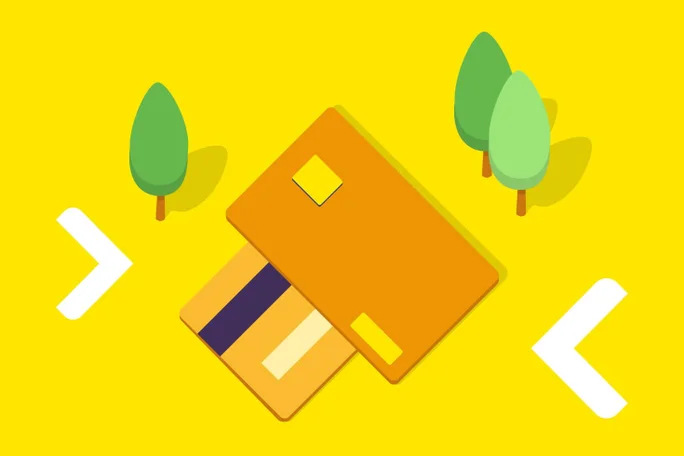 3D-Illustration von zwei Kreditkarten und Bäumen