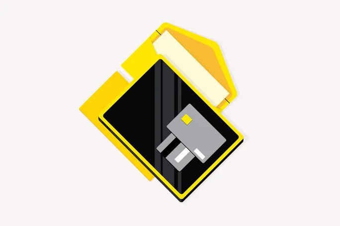 A colorful graphic shows a purple tray with an open yellow envelope and a black credit card on it. It symbolizes secure financial transactions and organized document management.
