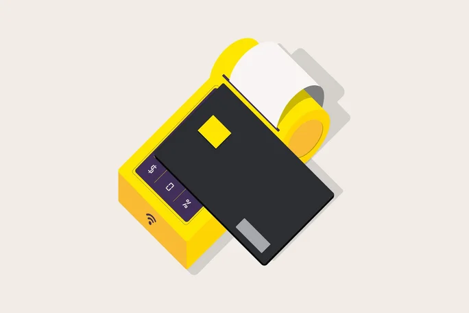 A modern graphic shows a yellow payment terminal with a display, a black credit card, and a receipt. It symbolizes fast, secure, and contactless payment transactions in retail.