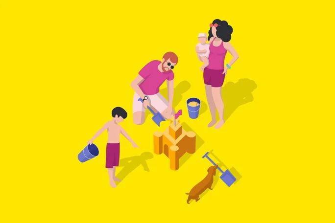 Illustration zeigt eine Familie mit Vater, Mutter, zwei Kindern und ihrem Hund, die Spaß am Sandburgenbauen haben. Die sommerliche Szene symbolisiert Familienzeit, Freizeit und Urlaub am Strand.