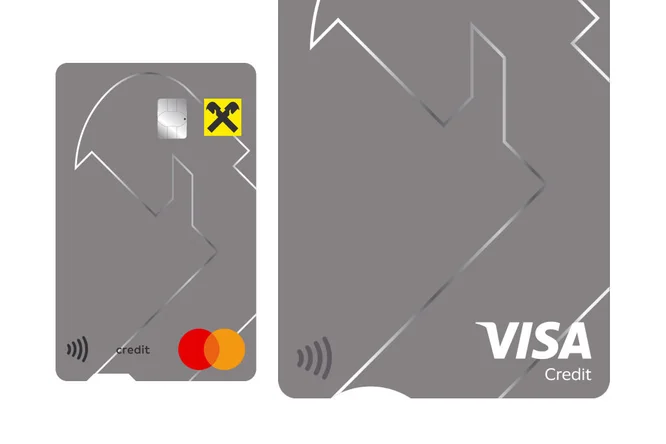 Illustration zweier moderner, grauer Kreditkarten mit Contactless-Symbol, Mastercard- und Visa-Logo. Sie repräsentieren sichere und flexible Zahlungsmöglichkeiten für den Alltag und Online-Transaktionen.
