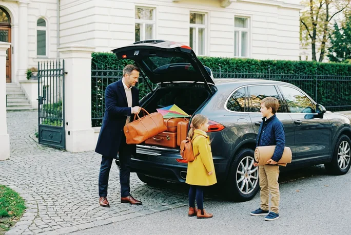Reiseversicherung für Familienausflüge: drei Personen in Geschäftskleidung mit einem Auto bzw. Fahrzeug