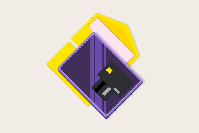A colorful graphic shows a purple tray with an open yellow envelope and a black credit card on it. It symbolizes secure financial transactions and organized document management.