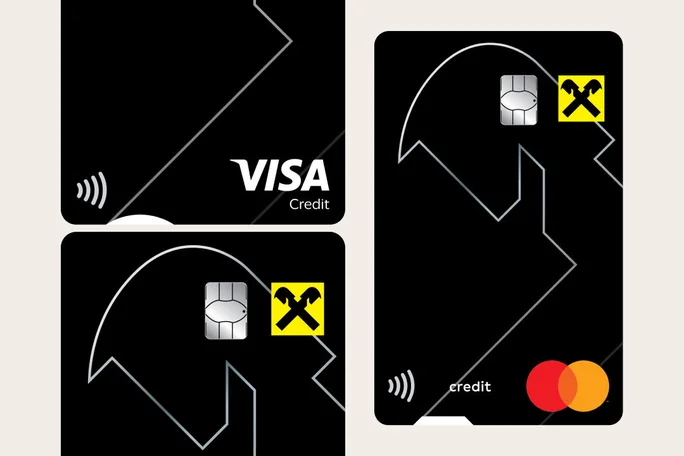 Illustration zeigt zwei schwarze Kreditkarten mit EMV-Chip, Kontaktlos-Symbol, Visa- und Mastercard-Logo. Modernes Design für sichere, flexible und bequeme Zahlungsoptionen.