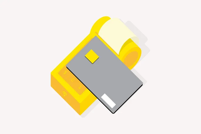 A modern graphic shows a yellow payment terminal with a display, a black credit card, and a receipt. It symbolizes fast, secure, and contactless payment transactions in retail.
